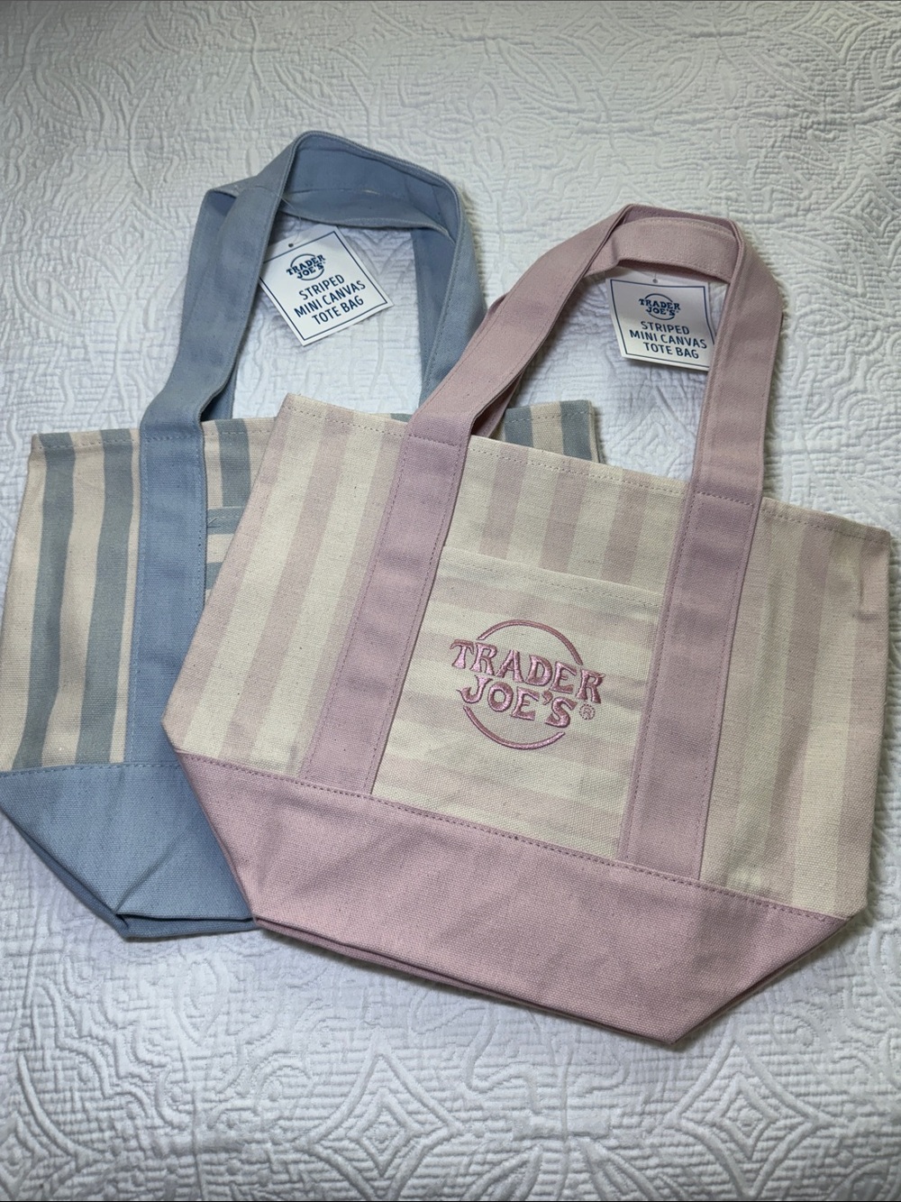 Trader Joe's NEW MINIs Pink and BLue Stripe and Blue Strip Canvas Tote Bags